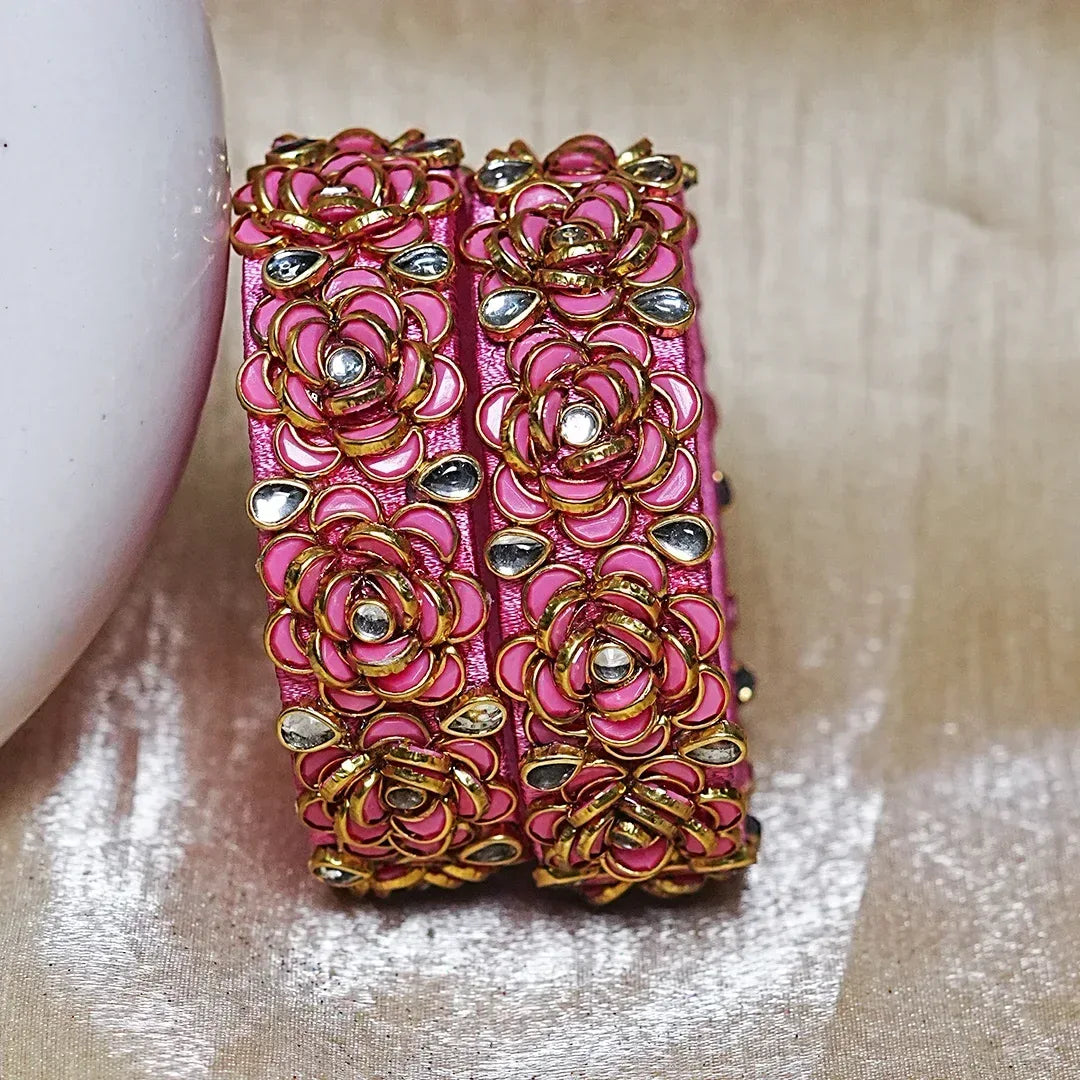 Handmade Thread Kada Bangle with Rose Motif and Kundan Work for Women & Girls (Pack of 2) - The Golden Cascade